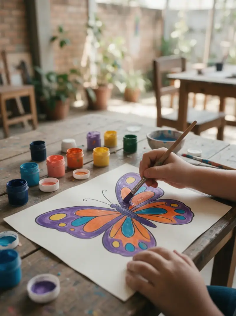 Mãos pintando uma borboleta laranja e roxa em uma folha