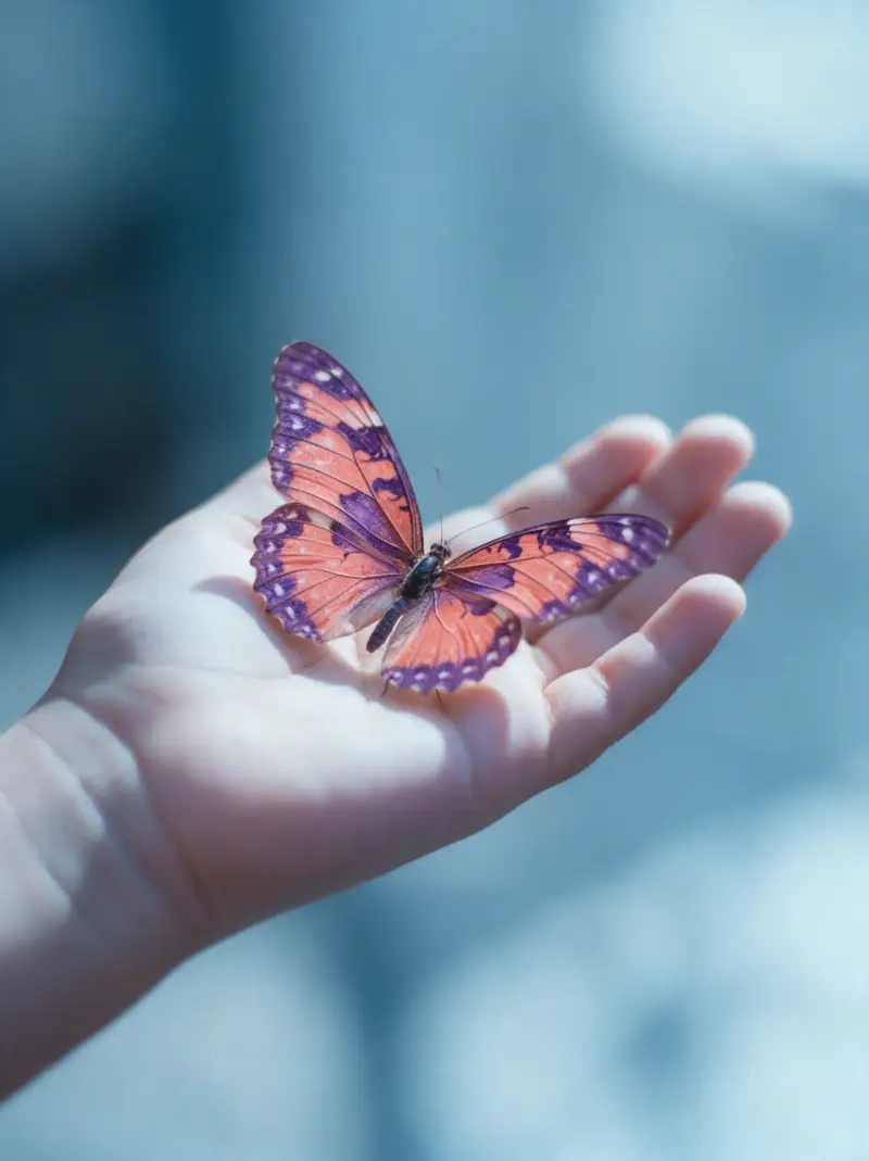 Borboleta laranja e roxa pousada na palma de uma mão