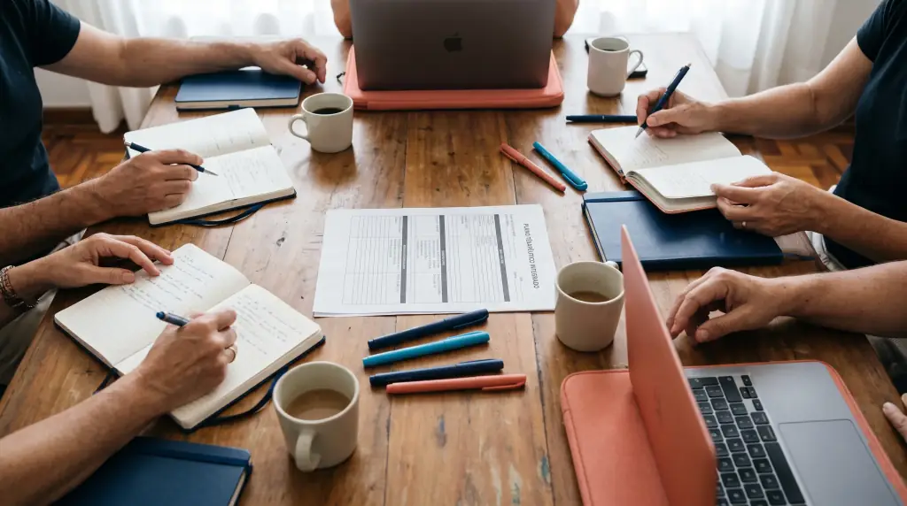 Mesa de reunião com cadernos, um plano impresso e canetas coloridas