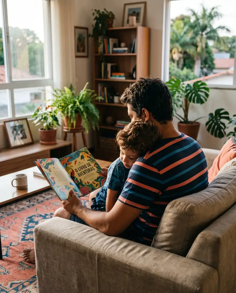 Pai e filho leem um livro juntos no sofá de casa
