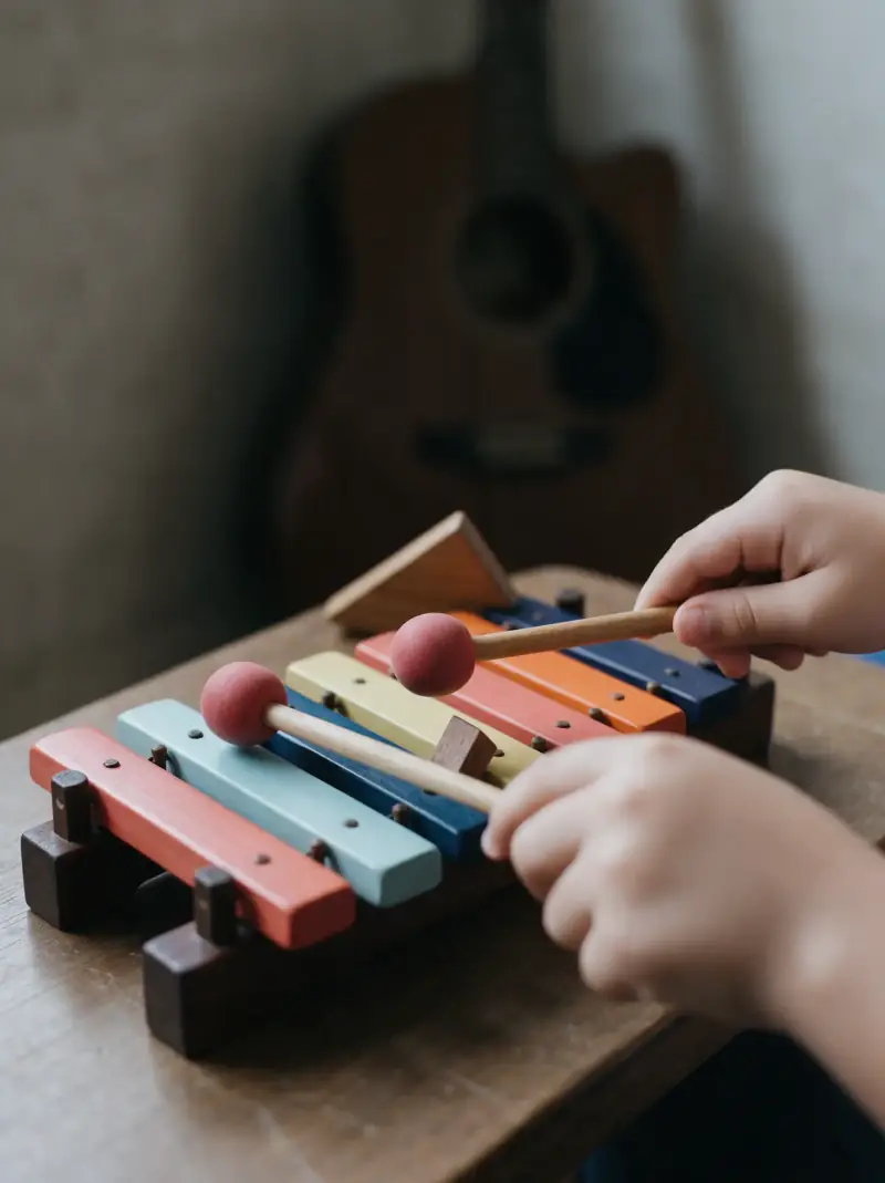 Mãos de criança tocando um xilofone colorido