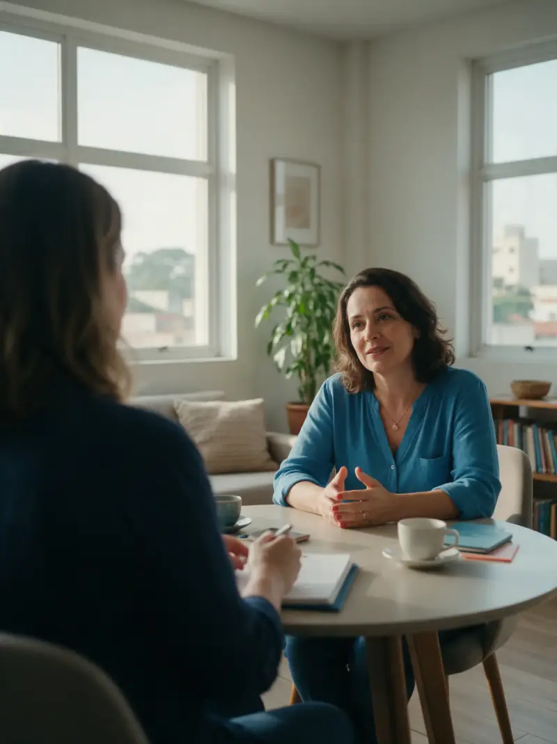 Mãe conversa com uma psicóloga em uma mesa de atendimento